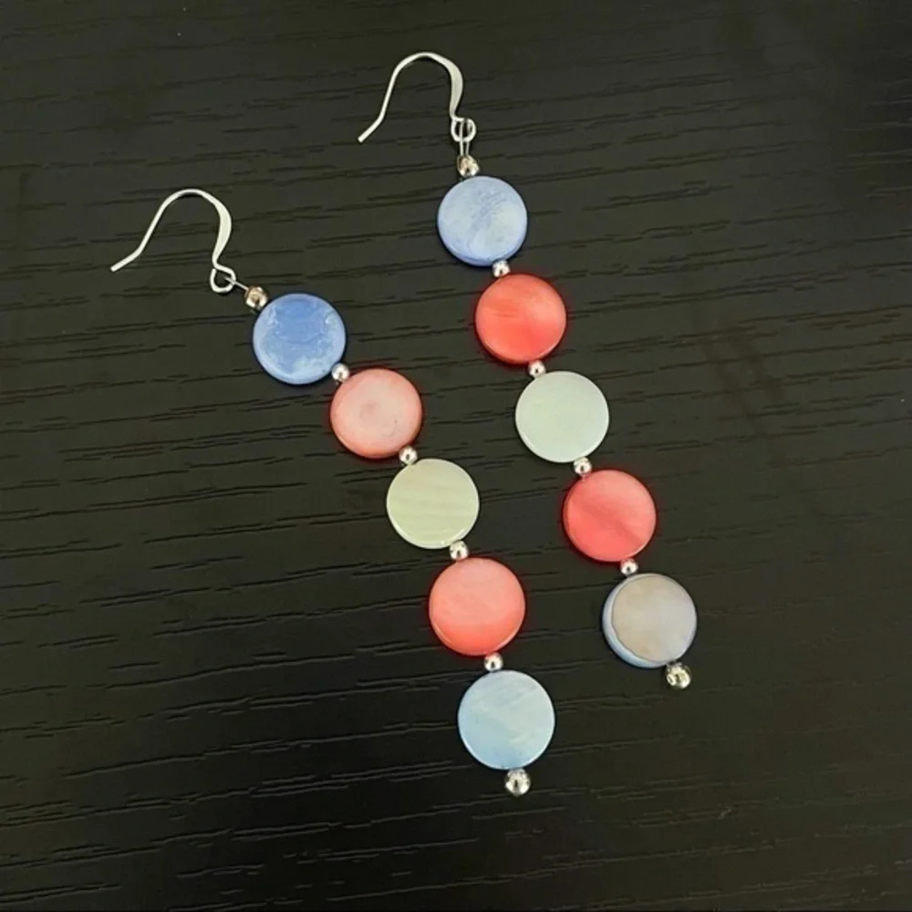$10 SALE Trans Pride Flag Round Shell Dangle Earrings 3.5” Handmade